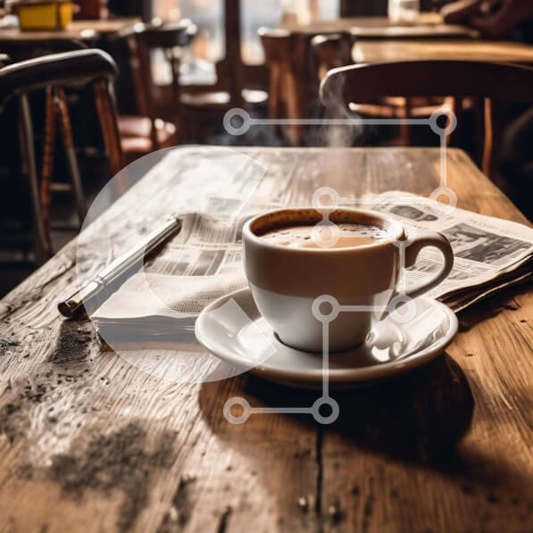 Σετ των 2 Intra Συλλεκτικό Ξύλινο Παζλ Plywood  4mm - Ζεστός καφές με ατμό και εφημερίδα στο τραπέζι Σε Ξύλινο Κουτί - Διαστάσεις: 10x10 cm – 25 κομμάτια