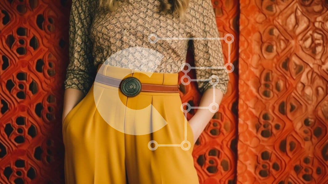 Intra Συλλεκτικό Ξύλινο Παζλ Plywood  4mm - Κομψή γυναίκα με κίτρινο παντελόνι και μπλούζα με σχέδια που ποζάρει μπροστά από έναν κόκκινο τοίχο Σε Ξύλινο Κουτί - Διαστάσεις Puzzle: 10x10 cm – 25 κομμάτια