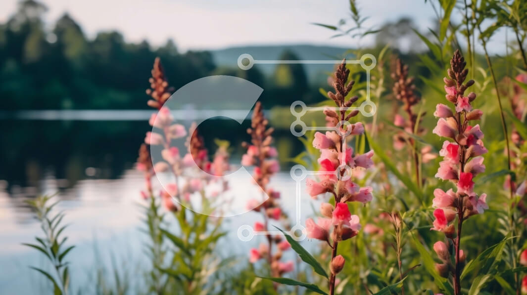 Intra Συλλεκτικό Ξύλινο Παζλ Plywood  4mm - Όμορφη εικόνα με ροζ αγριολούλουδα και λίμνη με θέα στο βουνό Σε Ξύλινο Κουτί - Διαστάσεις: 10x10 cm – 25 κομμάτια