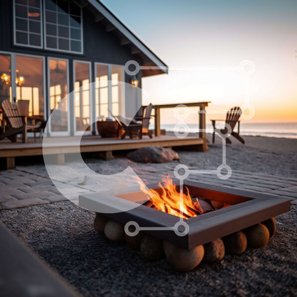 Intra Συλλεκτικό Ξύλινο Παζλ Plywood  4mm - Όμορφο παραθαλάσσιο σπίτι με λάκκο φωτιάς στην άμμο στο ηλιοβασίλεμα Σε Ξύλινο Κουτί - Διαστάσεις Puzzle: 10x10 cm – 25 κομμάτια