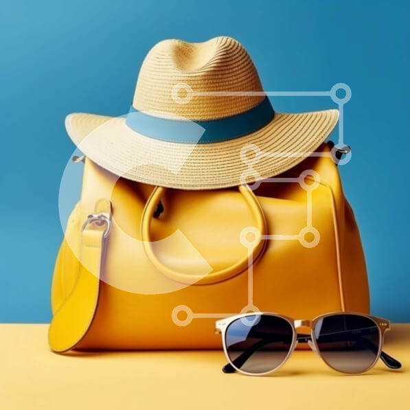 Σετ των 2 Intra Συλλεκτικό Ξύλινο Παζλ Plywood  4mm - Κομψό σετ αξεσουάρ: Κίτρινη τσάντα, ψάθινο καπέλο και γυαλιά ηλίου σε μπλε φόντο Σε Ξύλινο Κουτί - Διαστάσεις: 10x10 cm – 25 κομμάτια