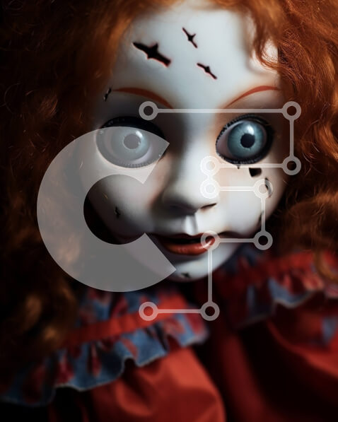 Intra Συλλεκτικό Ξύλινο Παζλ Plywood  4mm - Ανατριχιαστική κούκλα με κόκκινα μαλλιά και μπλε μάτια Σε Ξύλινο Κουτί - Διαστάσεις Puzzle: 10x10 cm – 25 κομμάτια