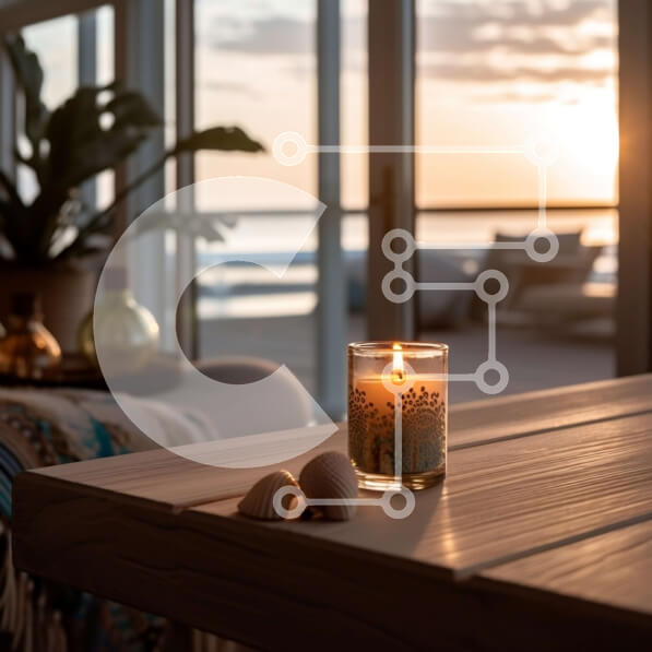 Intra Συλλεκτικό Ξύλινο Παζλ Plywood  4mm - Τραπέζι με κερί και θέα στον ωκεανό στο ηλιοβασίλεμα Σε Ξύλινο Κουτί - Διαστάσεις Puzzle: 10x10 cm – 25 κομμάτια