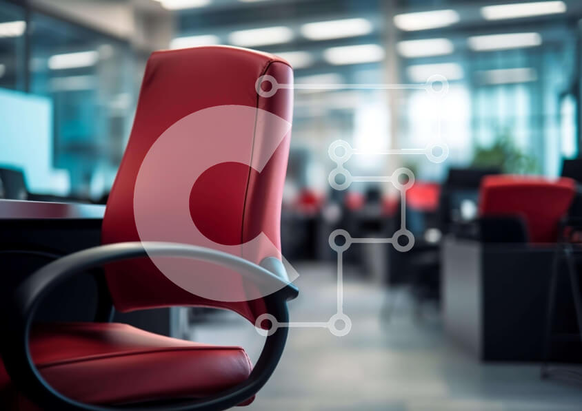 Intra Συλλεκτικό Ξύλινο Παζλ Plywood  4mm - Κόκκινη καρέκλα γραφείου σε κενό χώρο γραφείου Σε Ξύλινο Κουτί - Διαστάσεις Puzzle: 10x10 cm – 25 κομμάτια