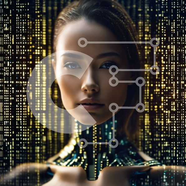 Intra Συλλεκτικό Ξύλινο Παζλ Plywood  4mm - Τεχνητά ευφυής γυναίκα με φόντο δυαδικού κώδικα Σε Ξύλινο Κουτί - Διαστάσεις Puzzle: 10x10 cm – 25 κομμάτια