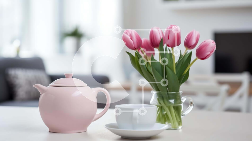 Intra Συλλεκτικό Ξύλινο Παζλ Plywood  4mm - Ροζ τσαγιέρα, φλιτζάνι καφέ και βάζο με ροζ τουλίπες σε εσωτερικό περιβάλλον Σε Ξύλινο Κουτί - Διαστάσεις Puzzle: 10x10 cm – 25 κομμάτια