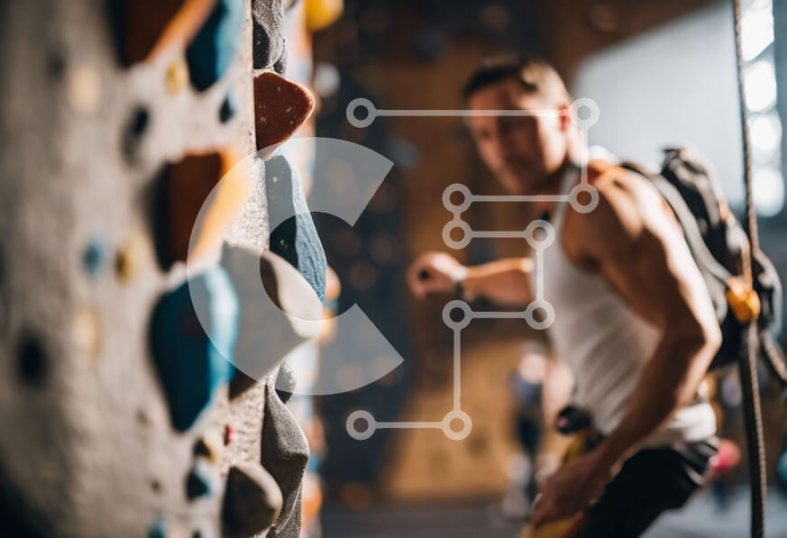 Intra Συλλεκτικό Ξύλινο Παζλ Plywood  4mm - Άνδρας που αναρριχείται στον τοίχο βράχου στο εσωτερικό γυμναστήριο Σε Ξύλινο Κουτί - Διαστάσεις Puzzle: 10x10 cm – 25 κομμάτια