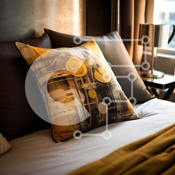 Intra Συλλεκτικό Ξύλινο Παζλ Plywood  4mm - Κομψό δωμάτιο ξενοδοχείου με κίτρινο μαξιλάρι και ασπρόμαυρα σχεδιαστικά στοιχεία Σε Ξύλινο Κουτί - Διαστάσεις Puzzle: 10x10 cm – 25 κομμάτια