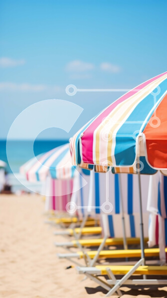 Intra Συλλεκτικό Ξύλινο Παζλ Plywood  4mm - Σειρά από πολύχρωμες ομπρέλες παραλίας σε μια αμμώδη παραλία Σε Ξύλινο Κουτί - Διαστάσεις Puzzle: 10x10 cm – 25 κομμάτια