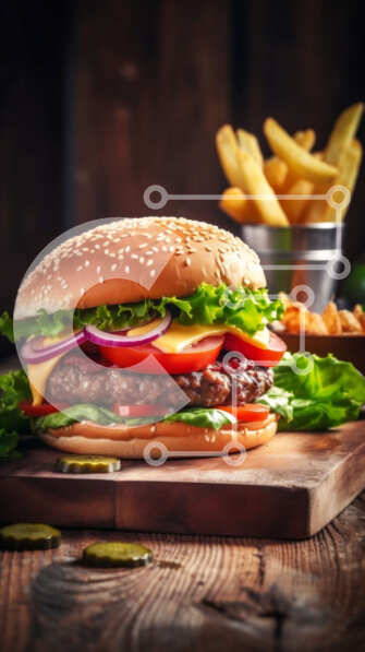 Intra Συλλεκτικό Ξύλινο Παζλ Plywood  4mm - Λαχταριστή εικόνα από χάμπουργκερ και πατάτες στο ξύλινο τραπέζι Σε Ξύλινο Κουτί - Διαστάσεις: 10x10 cm – 25 κομμάτια