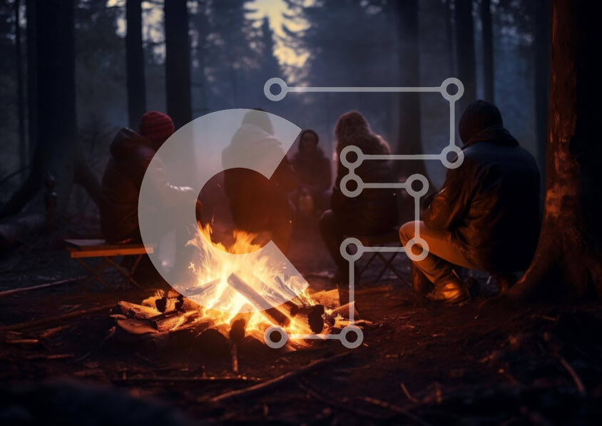 Intra Συλλεκτικό Ξύλινο Παζλ Plywood  4mm - Ομάδα ανθρώπων γύρω από τη φωτιά στο δάσος Σε Ξύλινο Κουτί - Διαστάσεις Puzzle: 10x10 cm – 25 κομμάτια