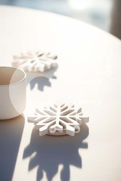 Intra Συλλεκτικό Ξύλινο Παζλ Plywood  4mm - Σουβέρ Λευκού Κυπέλλου και νιφάδων χιονιού σε ένα τραπέζι Σε Ξύλινο Κουτί - Διαστάσεις Puzzle: 10x10 cm – 25 κομμάτια