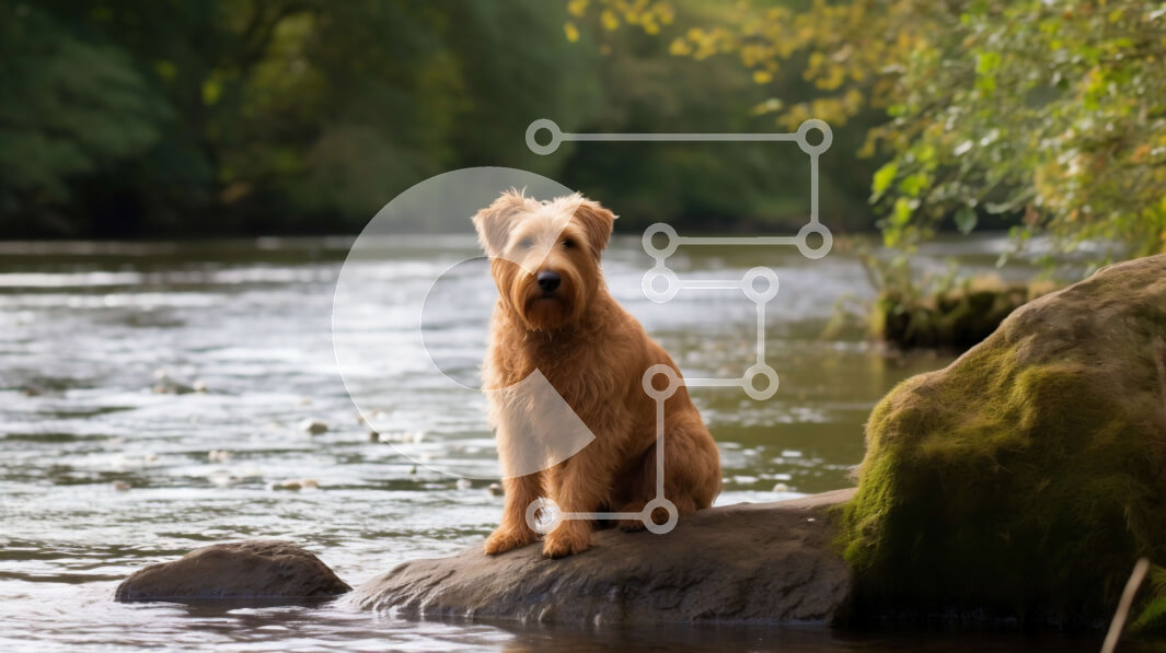 Intra Συλλεκτικό Ξύλινο Παζλ Plywood  4mm - Καφέ σκυλί που κοιτάζει επίμονα σε έναν βράχο σε ένα ήρεμο ποτάμι Σε Ξύλινο Κουτί - Διαστάσεις: 10x10 cm – 25 κομμάτια