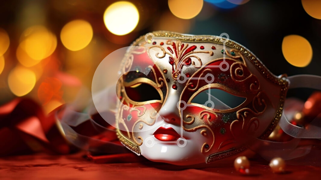 Intra Συλλεκτικό Ξύλινο Παζλ Plywood  4mm - Κόκκινη και χρυσή μάσκα μεταμφίεσης σε πορτοκαλί τραπεζομάντιλο Σε Ξύλινο Κουτί - Διαστάσεις Puzzle: 10x10 cm – 25 κομμάτια