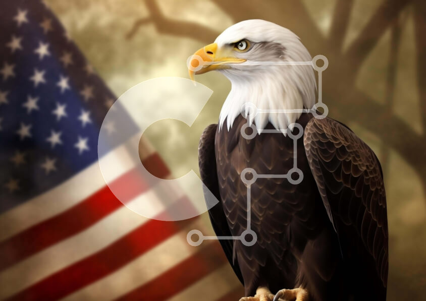 Σετ των 2 Intra Συλλεκτικό Ξύλινο Παζλ Plywood  4mm - Αμερικανικός φαλακρός αετός σκαρφαλωμένος σε ένα κλαδί με την αμερικανική σημαία Σε Ξύλινο Κουτί - Διαστάσεις: 10x10 cm – 25 κομμάτια