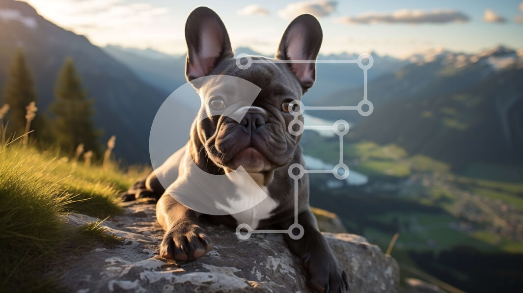 Σετ των 2 Intra Συλλεκτικό Ξύλινο Παζλ Plywood  4mm - Γαλλικό μπουλντόγκ που κάθεται σε μια βραχώδη επιφάνεια με βουνά στο βάθος Σε Ξύλινο Κουτί - Διαστάσεις: 10x10 cm – 25 κομμάτια