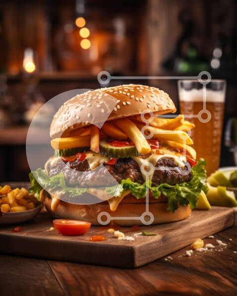 Σετ των 2 Intra Συλλεκτικό Ξύλινο Παζλ Plywood  4mm - Juicy Cheeseburger με πατάτες τηγανιτές και μπύρα - Νόστιμη φωτογραφία φαγητού Σε Ξύλινο Κουτί - Διαστάσεις: 10x10 cm – 25 κομμάτια