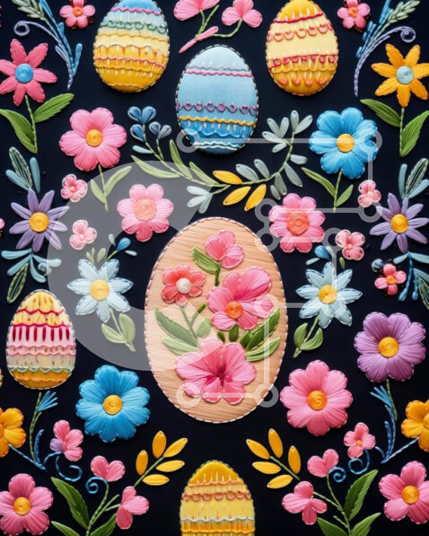 Intra Συλλεκτικό Ξύλινο Παζλ Plywood  4mm - Πολύχρωμο κεντημένο λουλούδι Πασχαλινό αυγό σε μαύρο φόντο Σε Ξύλινο Κουτί - Διαστάσεις: 10x10 cm – 25 κομμάτια