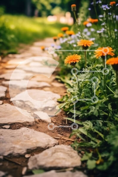 Intra Συλλεκτικό Ξύλινο Παζλ Plywood  4mm - Όμορφη εικόνα του πέτρινου μονοπατιού με επένδυση λουλουδιών σε ένα πάρκο Σε Ξύλινο Κουτί - Διαστάσεις Puzzle: 10x10 cm – 25 κομμάτια