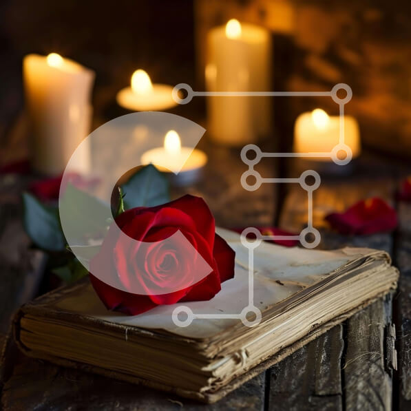 Intra Συλλεκτικό Ξύλινο Παζλ Plywood  4mm - Vintage νεκρή φύση με παλιό βιβλίο, κόκκινο τριαντάφυλλο και κεριά Σε Ξύλινο Κουτί - Διαστάσεις Puzzle: 10x10 cm – 25 κομμάτια