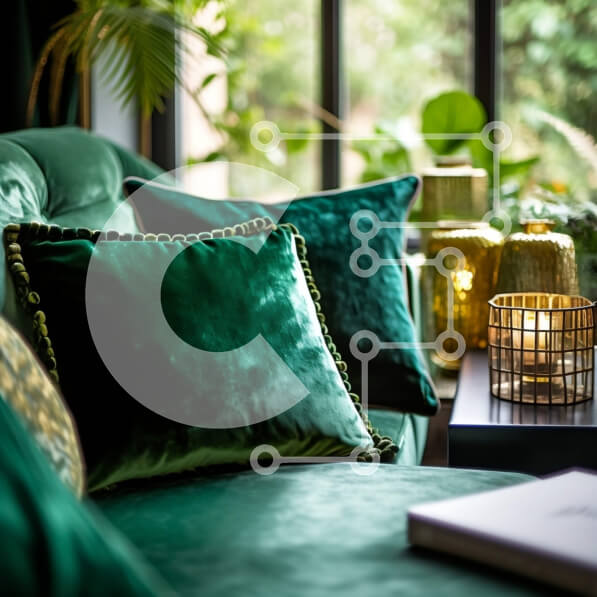 Intra Συλλεκτικό Ξύλινο Παζλ Plywood  4mm - Πράσινος βελούδινος καναπές και φυσικό φως: Ένας τέλειος συνδυασμός σαλονιού Σε Ξύλινο Κουτί - Διαστάσεις Puzzle: 10x10 cm – 25 κομμάτια