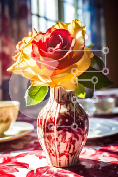 Σετ των 2 Intra Συλλεκτικό Ξύλινο Παζλ Plywood  4mm - Κόκκινο και κίτρινο τριαντάφυλλο βάζο με φλιτζάνια τσαγιού και πιατάκια Σε Ξύλινο Κουτί - Διαστάσεις: 10x10 cm – 25 κομμάτια