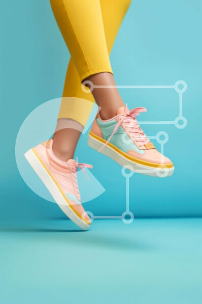 Intra Συλλεκτικό Ξύλινο Παζλ Plywood  4mm - Κομψή εικόνα μιας γυναίκας με ροζ και κίτρινα αθλητικά παπούτσια σε μπλε φόντο Σε Ξύλινο Κουτί - Διαστάσεις Puzzle: 10x10 cm – 25 κομμάτια