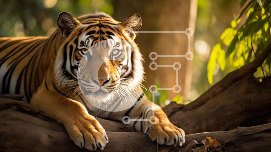 Intra Συλλεκτικό Ξύλινο Παζλ Plywood  4mm - Τίγρη που στηρίζεται στον κορμό δέντρου στο δάσος Σε Ξύλινο Κουτί - Διαστάσεις: 10x10 cm – 25 κομμάτια