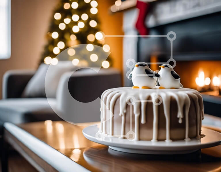 Intra Συλλεκτικό Ξύλινο Παζλ Plywood  4mm - Γιορτινή τούρτα με ειδώλια πιγκουίνους και τζάκι Σε Ξύλινο Κουτί - Διαστάσεις: 10x10 cm – 25 κομμάτια