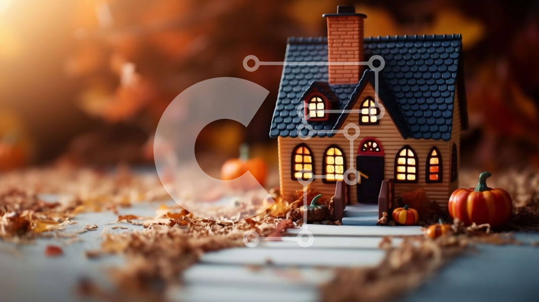 Intra Συλλεκτικό Ξύλινο Παζλ Plywood  4mm - Πολύχρωμο σκηνικό του φθινοπώρου με το ξύλινο σπίτι και τις κολοκύθες Σε Ξύλινο Κουτί - Διαστάσεις: 10x10 cm – 25 κομμάτια