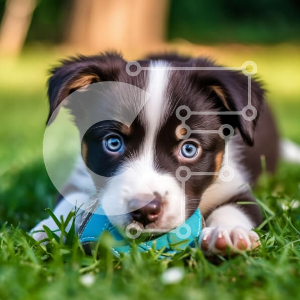 Intra Συλλεκτικό Ξύλινο Παζλ Plywood  4mm - Χαριτωμένη εικόνα ασπρόμαυρου κουταβιού που παίζει με μια μπλε μπάλα Σε Ξύλινο Κουτί - Διαστάσεις: 10x10 cm – 25 κομμάτια