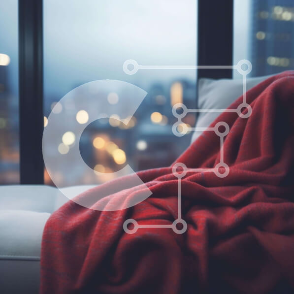 Intra Συλλεκτικό Ξύλινο Παζλ Plywood  4mm - Άνετο εσωτερικό του σπιτιού με κόκκινη κουβέρτα στον καναπέ και θέα στην πόλη Σε Ξύλινο Κουτί - Διαστάσεις Puzzle: 10x10 cm – 25 κομμάτια