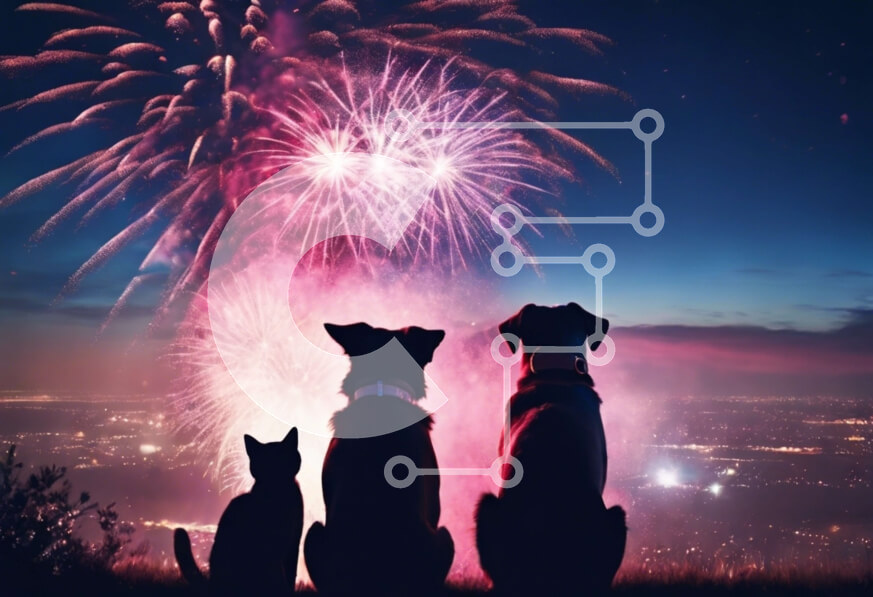 Σετ των 2 Intra Συλλεκτικό Ξύλινο Παζλ Plywood  4mm - Δύο σκυλιά που παρακολουθούν πυροτεχνήματα στο λόφο με θέα στην πόλη Σε Ξύλινο Κουτί - Διαστάσεις: 10x10 cm – 25 κομμάτια