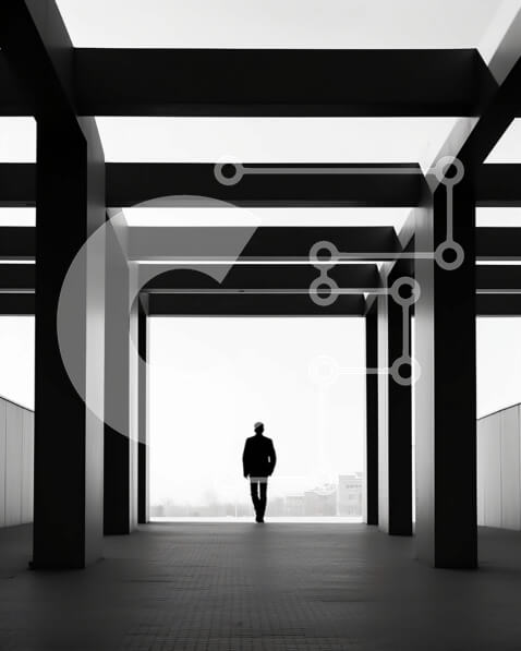 Intra Συλλεκτικό Ξύλινο Παζλ Plywood  4mm - Lost in Thought: Επιχειρηματίας σε έναν άδειο τσιμεντένιο διάδρομο Σε Ξύλινο Κουτί - Διαστάσεις Puzzle: 10x10 cm – 25 κομμάτια