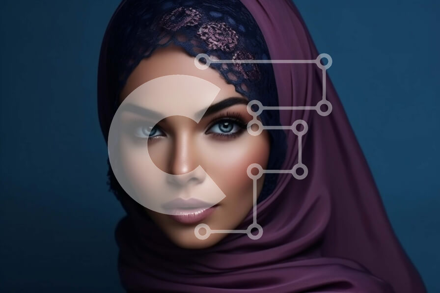 Intra Συλλεκτικό Ξύλινο Παζλ Plywood  4mm - Σοβαρό πορτρέτο μιας γυναίκας που φορά μωβ χιτζάμπ και μαύρο πέπλο δαντέλας Σε Ξύλινο Κουτί - Διαστάσεις Puzzle: 10x10 cm – 25 κομμάτια