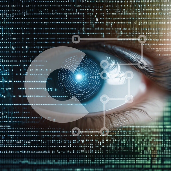 Intra Συλλεκτικό Ξύλινο Παζλ Plywood  4mm - Γυναικείο μάτι που περιβάλλεται από δυαδικό κώδικα και ψηφιακά δεδομένα Σε Ξύλινο Κουτί - Διαστάσεις Puzzle: 10x10 cm – 25 κομμάτια