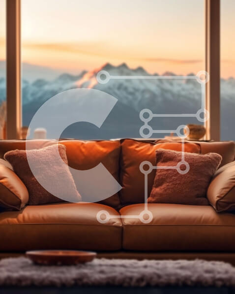 Intra Συλλεκτικό Ξύλινο Παζλ Plywood  4mm - Όμορφη θέα στο ηλιοβασίλεμα από καφέ δερμάτινο καναπέ από μεγάλο παράθυρο Σε Ξύλινο Κουτί - Διαστάσεις Puzzle: 10x10 cm – 25 κομμάτια