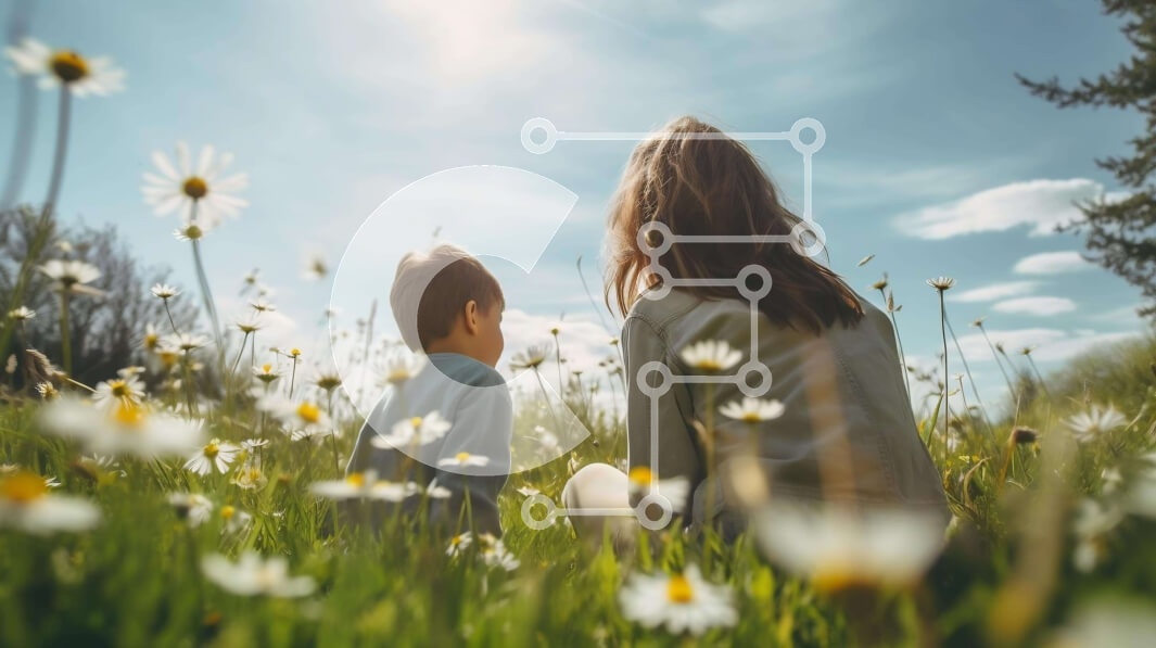 Intra Συλλεκτικό Ξύλινο Παζλ Plywood  4mm - Μητέρα και γιος στο Grassy Meadow με τις μαργαρίτες Σε Ξύλινο Κουτί - Διαστάσεις Puzzle: 10x10 cm – 25 κομμάτια