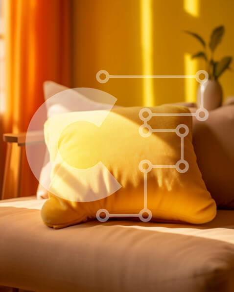 Intra Συλλεκτικό Ξύλινο Παζλ Plywood  4mm - Κίτρινο μαξιλάρι σε μπεζ καναπέ σε φωτεινό δωμάτιο με κίτρινες κουρτίνες Σε Ξύλινο Κουτί - Διαστάσεις Puzzle: 10x10 cm – 25 κομμάτια