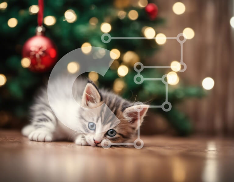 Σετ των 2 Intra Συλλεκτικό Ξύλινο Παζλ Plywood  4mm - Περίεργο γατάκι μπροστά από το διακοσμημένο χριστουγεννιάτικο δέντρο Σε Ξύλινο Κουτί - Διαστάσεις: 10x10 cm – 25 κομμάτια