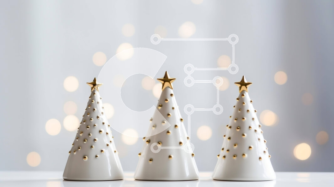 Intra Συλλεκτικό Ξύλινο Παζλ Plywood  4mm - Λευκά κεραμικά χριστουγεννιάτικα δέντρα με χρυσά αστέρια σε φωτισμένο φόντο Σε Ξύλινο Κουτί - Διαστάσεις: 10x10 cm – 25 κομμάτια