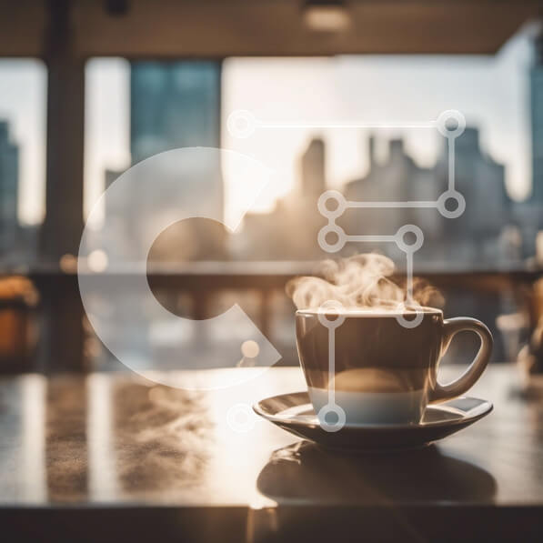 Σετ των 2 Intra Συλλεκτικό Ξύλινο Παζλ Plywood  4mm - Φλιτζάνι καφέ στο τραπέζι με τον ορίζοντα της πόλης στο φόντο Σε Ξύλινο Κουτί - Διαστάσεις: 10x10 cm – 25 κομμάτια