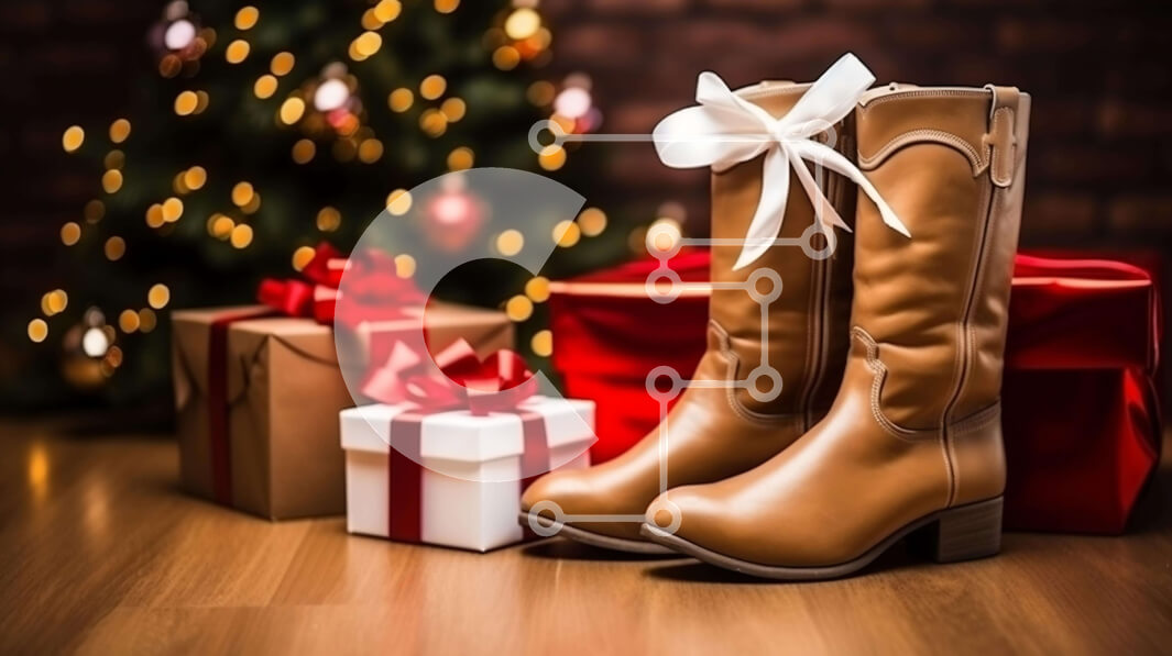 Intra Συλλεκτικό Ξύλινο Παζλ Plywood  4mm - Καφέ μπότες καουμπόη με κουτιά δώρων και φόντο χριστουγεννιάτικο δέντρο Σε Ξύλινο Κουτί - Διαστάσεις: 10x10 cm – 25 κομμάτια