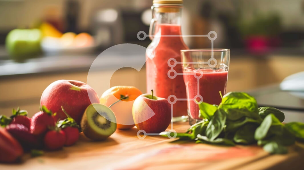 Σετ των 2 Intra Συλλεκτικό Ξύλινο Παζλ Plywood  4mm - Φρέσκα φρούτα και λαχανικά σε ξύλο κοπής με ένα ποτήρι χυμό φράουλας στην κουζίνα Σε Ξύλινο Κουτί - Διαστάσεις: 10x10 cm – 25 κομμάτια