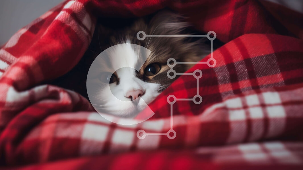 Intra Συλλεκτικό Ξύλινο Παζλ Plywood  4mm - Καφέ και λευκή γάτα που κρυφοκοιτάζει κάτω από μια κόκκινη κουβέρτα Σε Ξύλινο Κουτί - Διαστάσεις: 10x10 cm – 25 κομμάτια