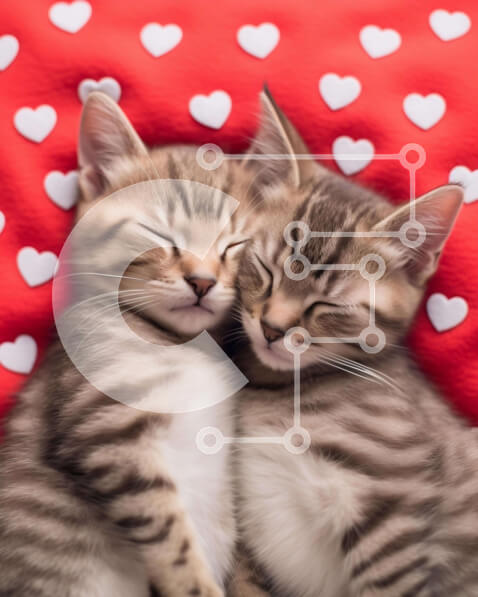 Σετ των 2 Intra Συλλεκτικό Ξύλινο Παζλ Plywood  4mm - Χαριτωμένα γατάκια που κοιμούνται σε μια κόκκινη κουβέρτα σε σχήμα καρδιάς Σε Ξύλινο Κουτί - Διαστάσεις: 10x10 cm – 25 κομμάτια