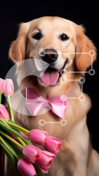 Σετ των 2 Intra Συλλεκτικό Ξύλινο Παζλ Plywood  4mm - Αξιολάτρευτο σκυλί Golden Retriever με παπιγιόν και ροζ τουλίπες Σε Ξύλινο Κουτί - Διαστάσεις: 10x10 cm – 25 κομμάτια