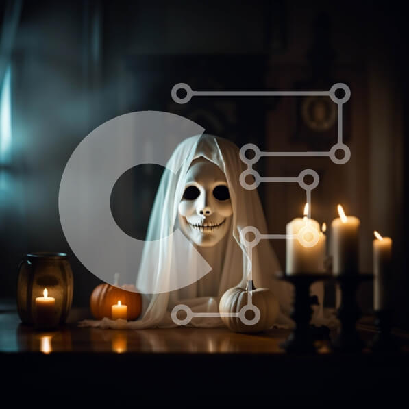 Intra Συλλεκτικό Ξύλινο Παζλ Plywood  4mm - Ανατριχιαστικό σκηνικό τραπεζιού αποκριών με φανάρι Jack-o-lantern και κοστούμι φαντασμάτων Σε Ξύλινο Κουτί - Διαστάσεις: 10x10 cm – 25 κομμάτια