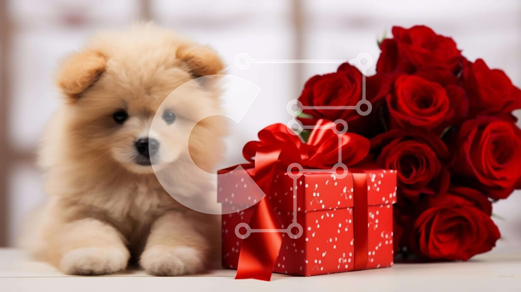 Σετ των 2 Intra Συλλεκτικό Ξύλινο Παζλ Plywood  4mm - Χαριτωμένο κουτάβι με κόκκινα τριαντάφυλλα Σε Ξύλινο Κουτί - Διαστάσεις: 10x10 cm – 25 κομμάτια