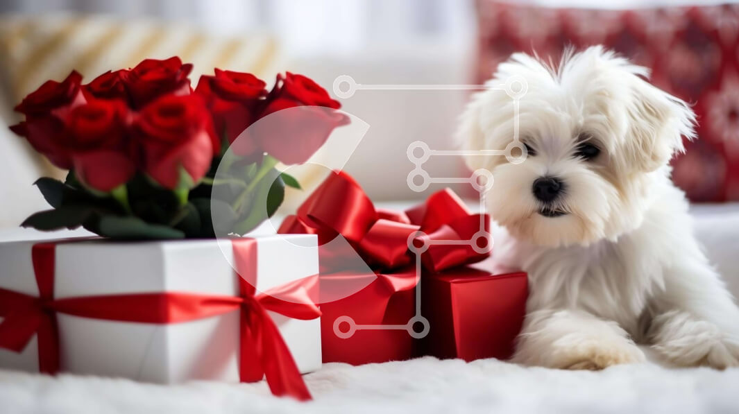 Intra Συλλεκτικό Ξύλινο Παζλ Plywood  4mm - Σκύλος με κόκκινα τριαντάφυλλα και μπαλόνια Σε Ξύλινο Κουτί - Διαστάσεις: 10x10 cm – 25 κομμάτια